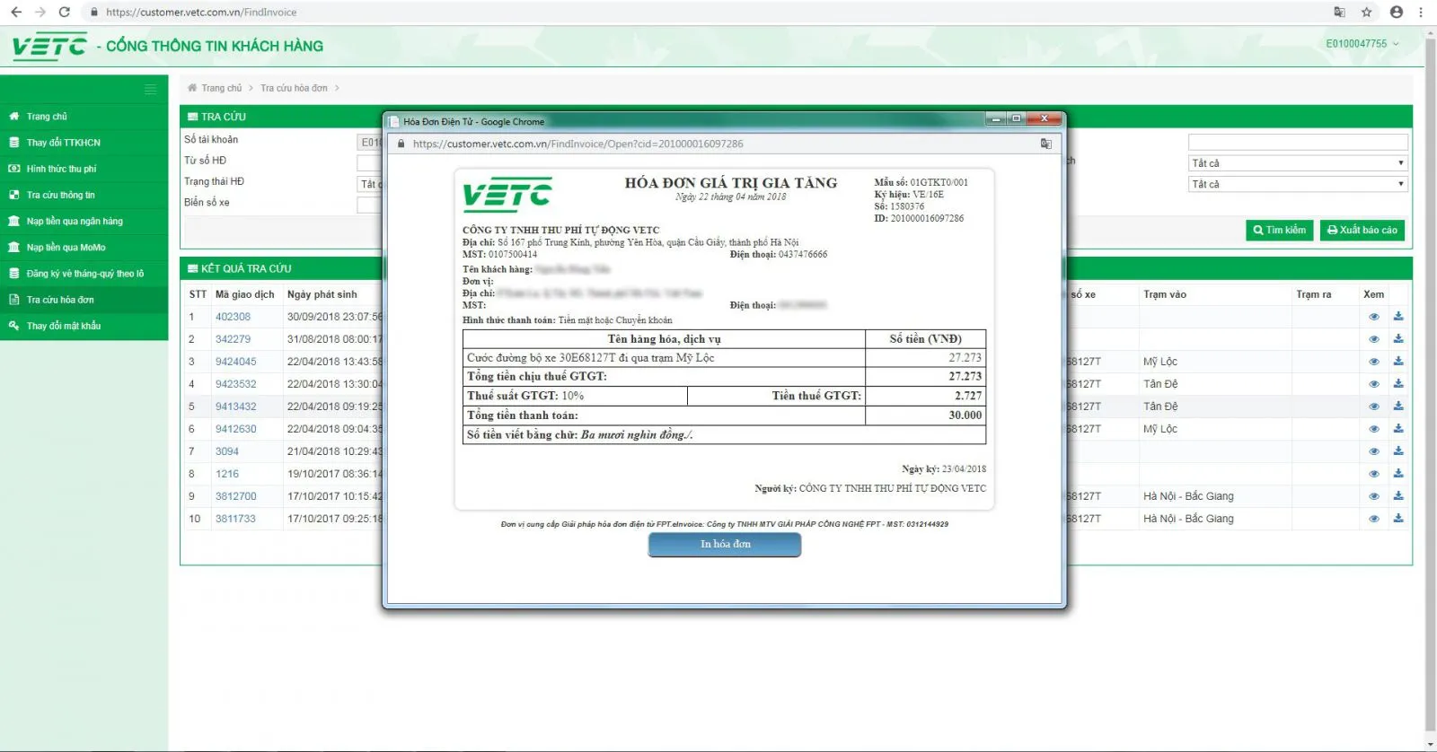 cách lấy hóa đơn điện tử VETC