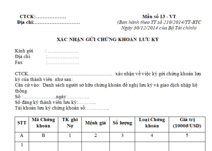 Mẫu xác nhận gửi chứng khoán lưu ký của công ty chứng khoán được quy định thế nào?