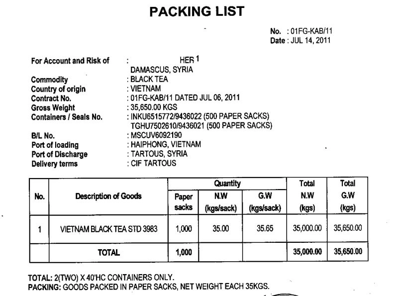 Mẫu packing list