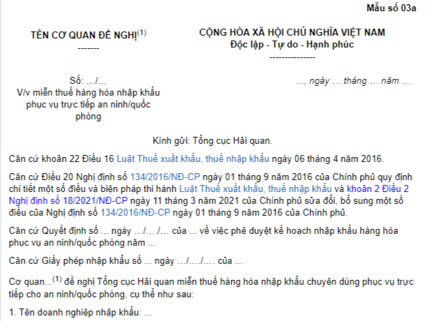 Mẫu công văn đề nghị miễn thuế hàng hóa nhập khẩu phục vụ trực tiếp cho an ninh, quốc phòng được quy định thế nào?